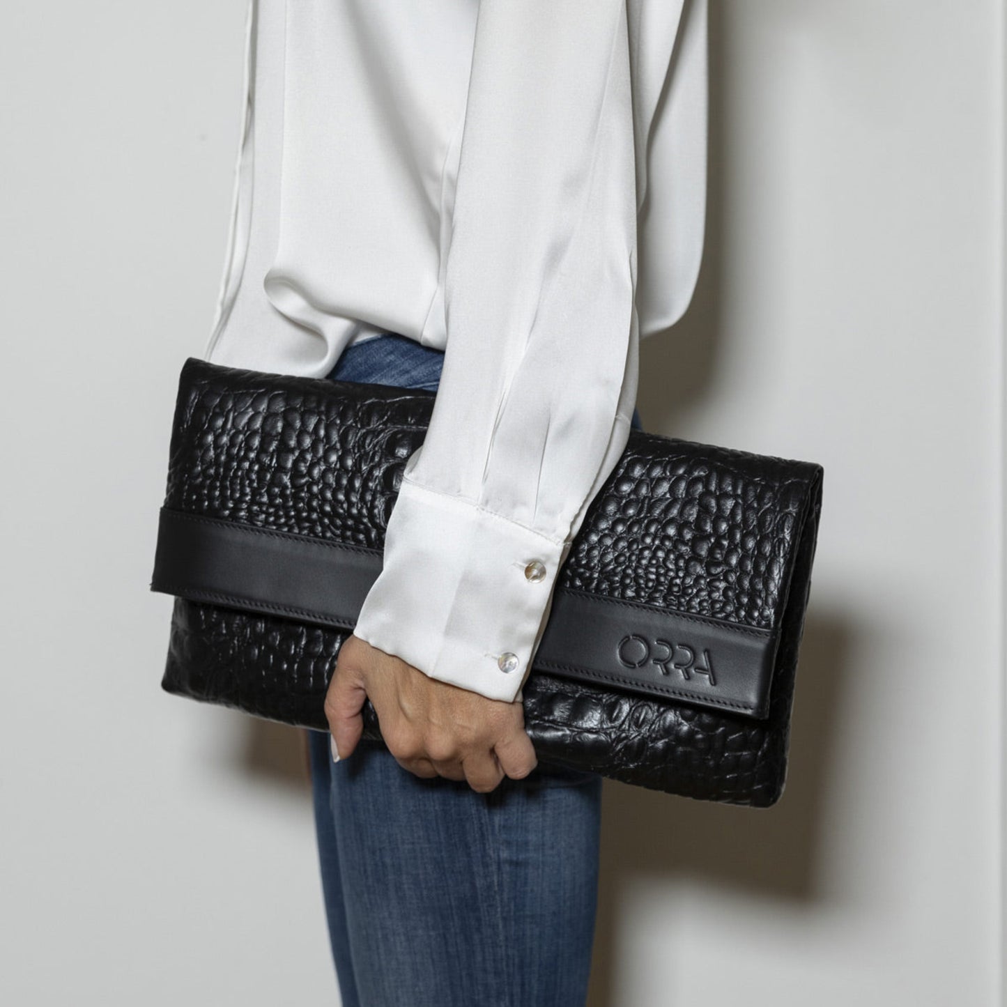 Anadiplosis Croco Black Leather Handbag