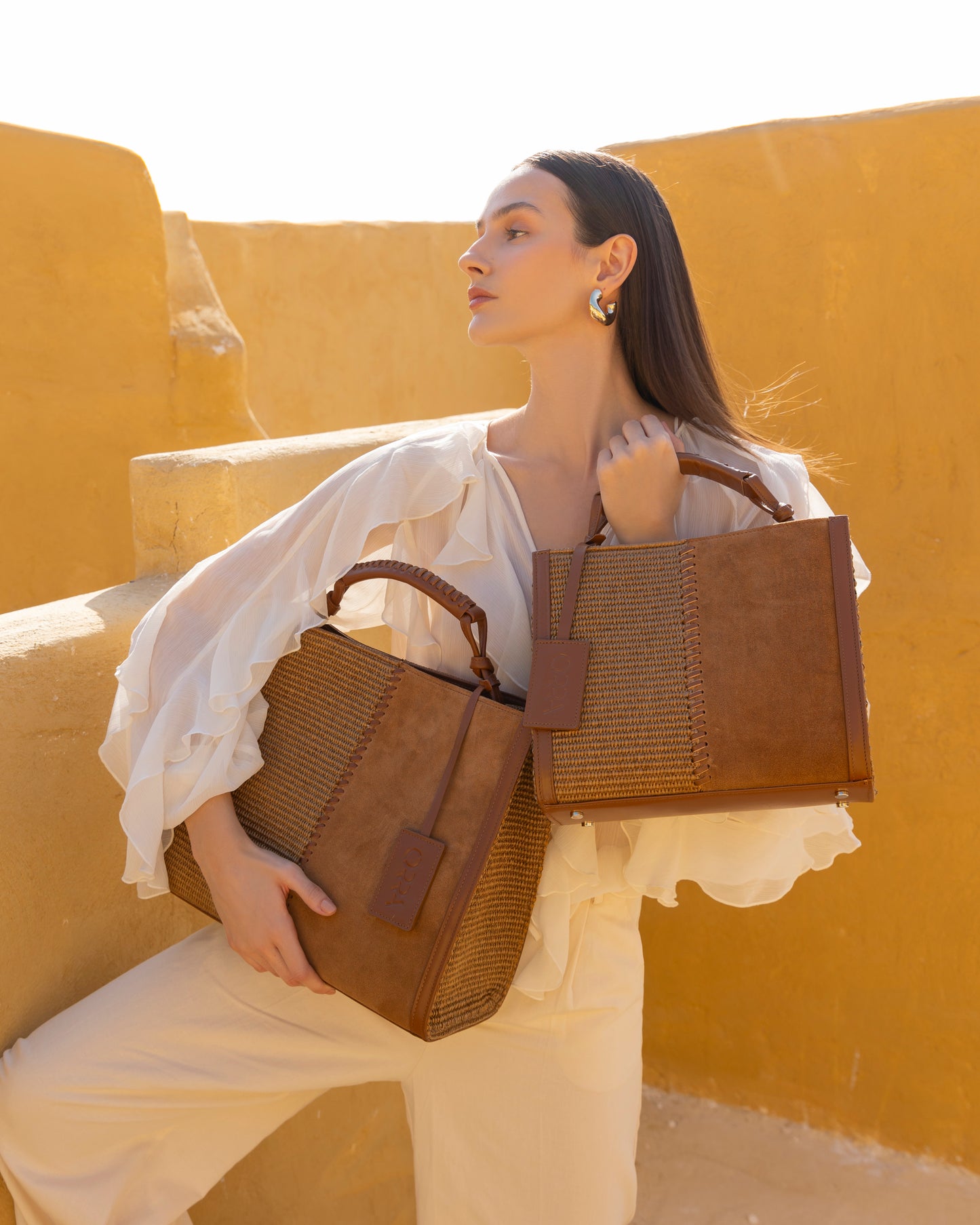 Isadora Suede-Raffia Brown Handbag