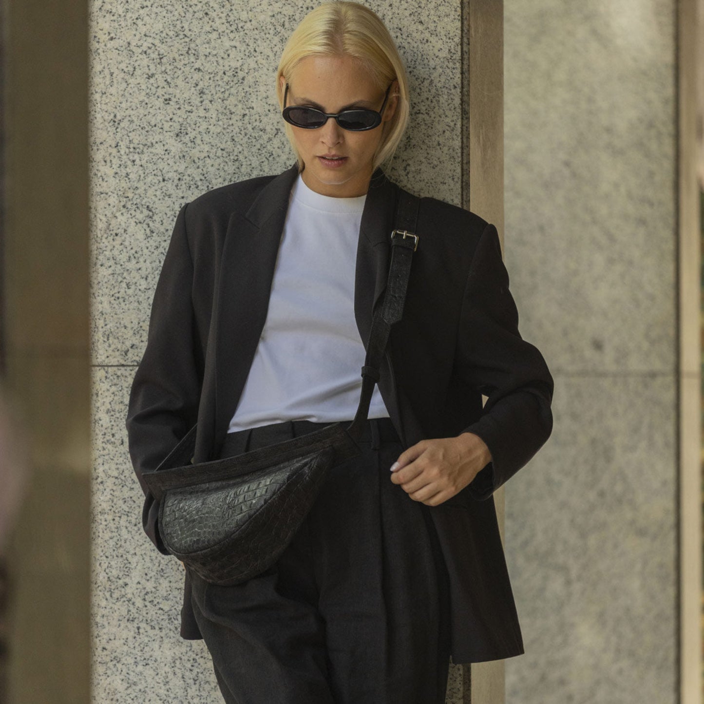 Pezos Croco Black Leather Handbag