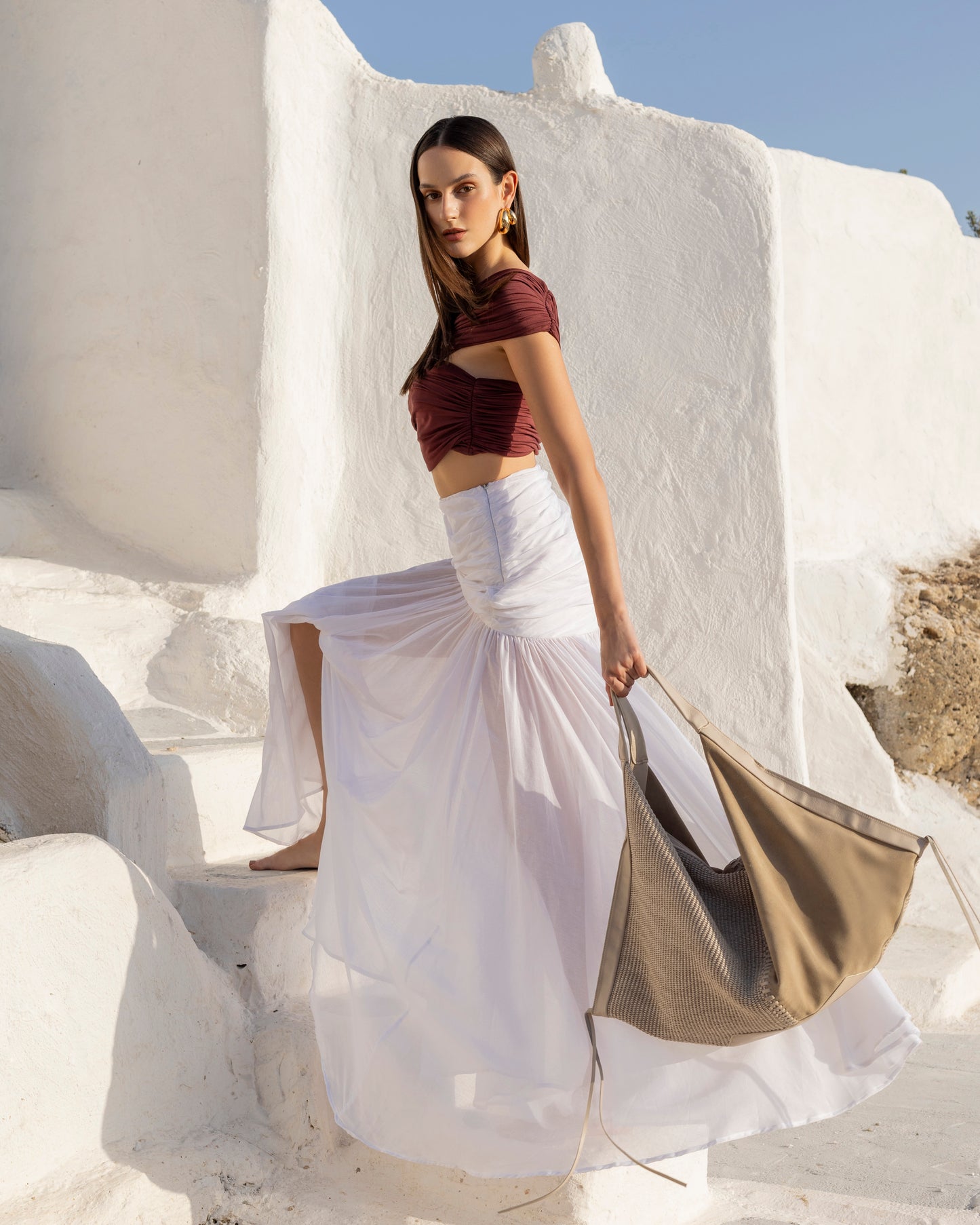 Victoria Suede-Raffia Beige Handbag