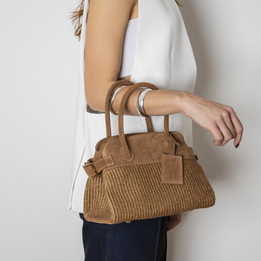 Evelina Suede-Raffia Brown Handbag