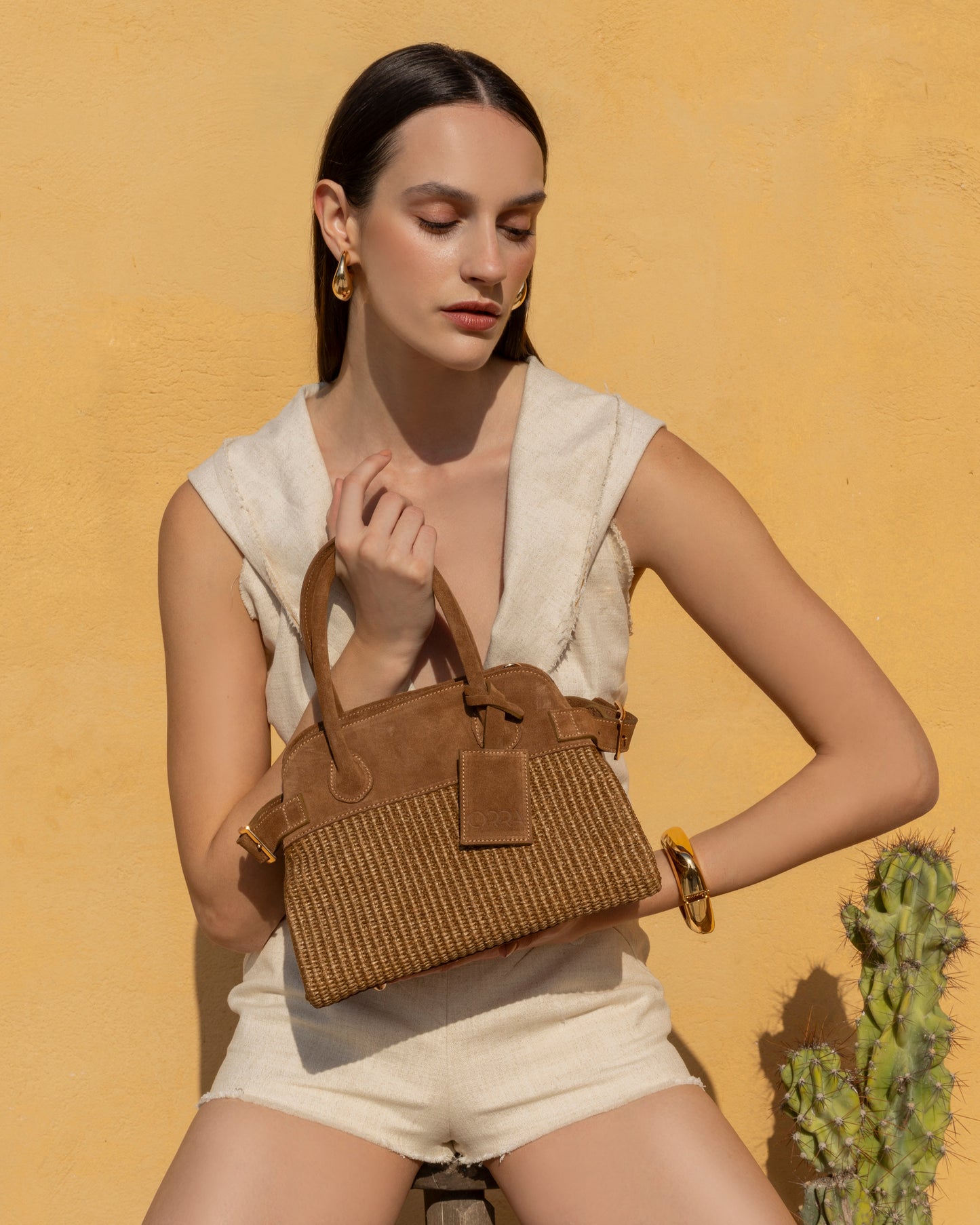 Evelina Suede-Raffia Brown Rankinė