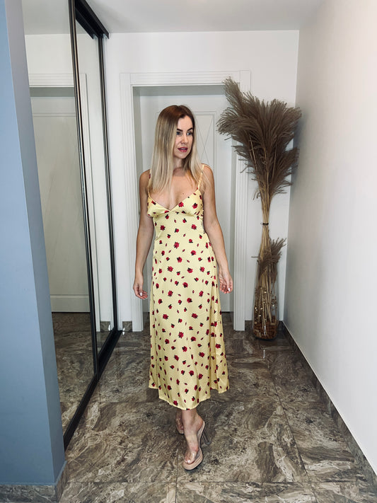 Yellow Long Satin Dress with Roses