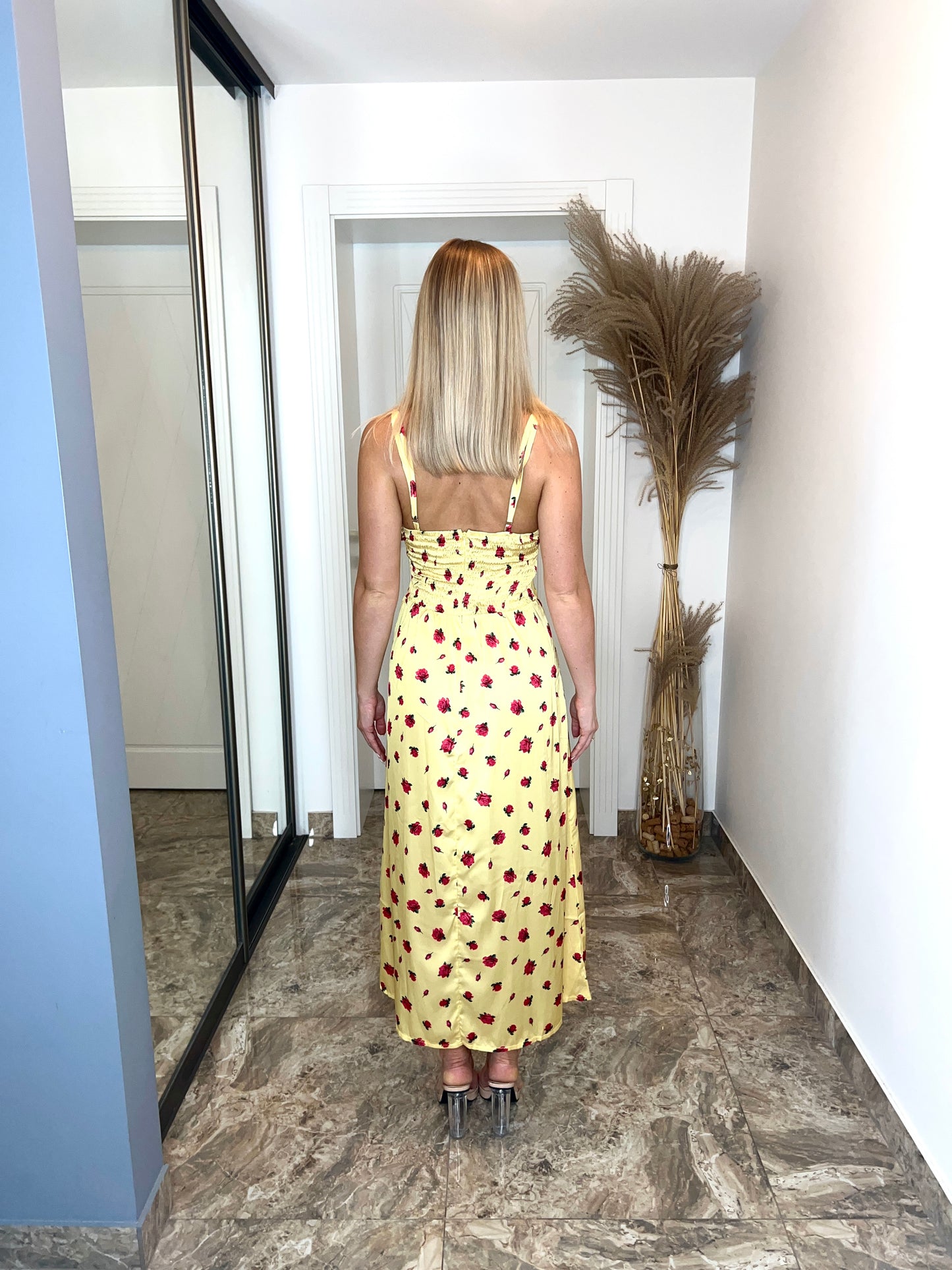Yellow Long Satin Dress with Roses