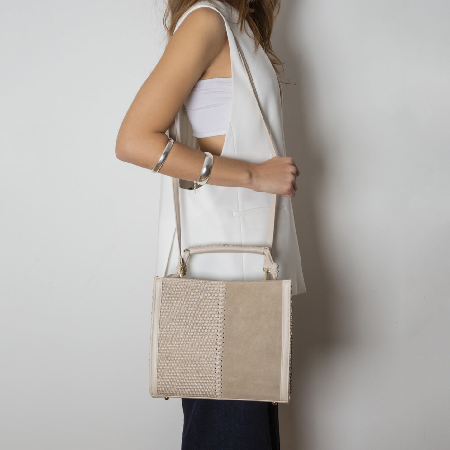 Isadora Suede-Raffia Beige Handbag