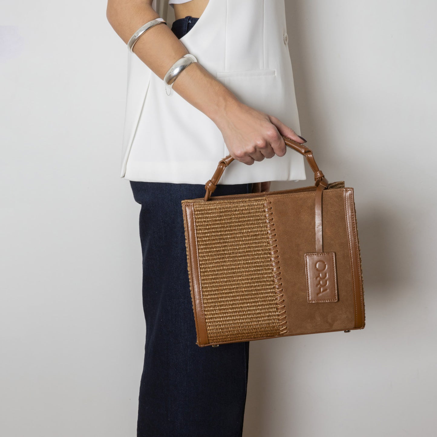 Isadora Suede-Raffia Brown Handbag