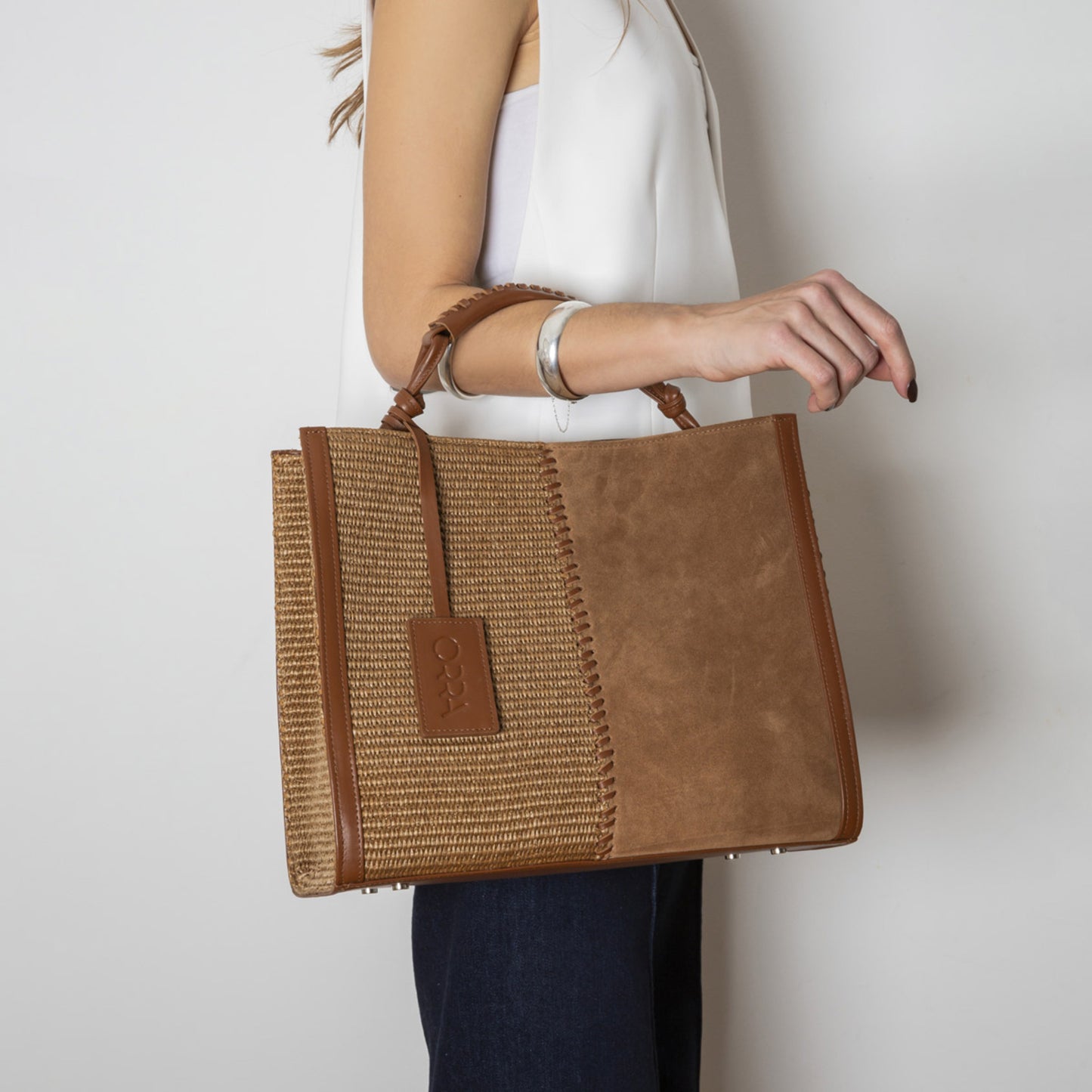 Philippa Suede-Raffia Brown Handbag