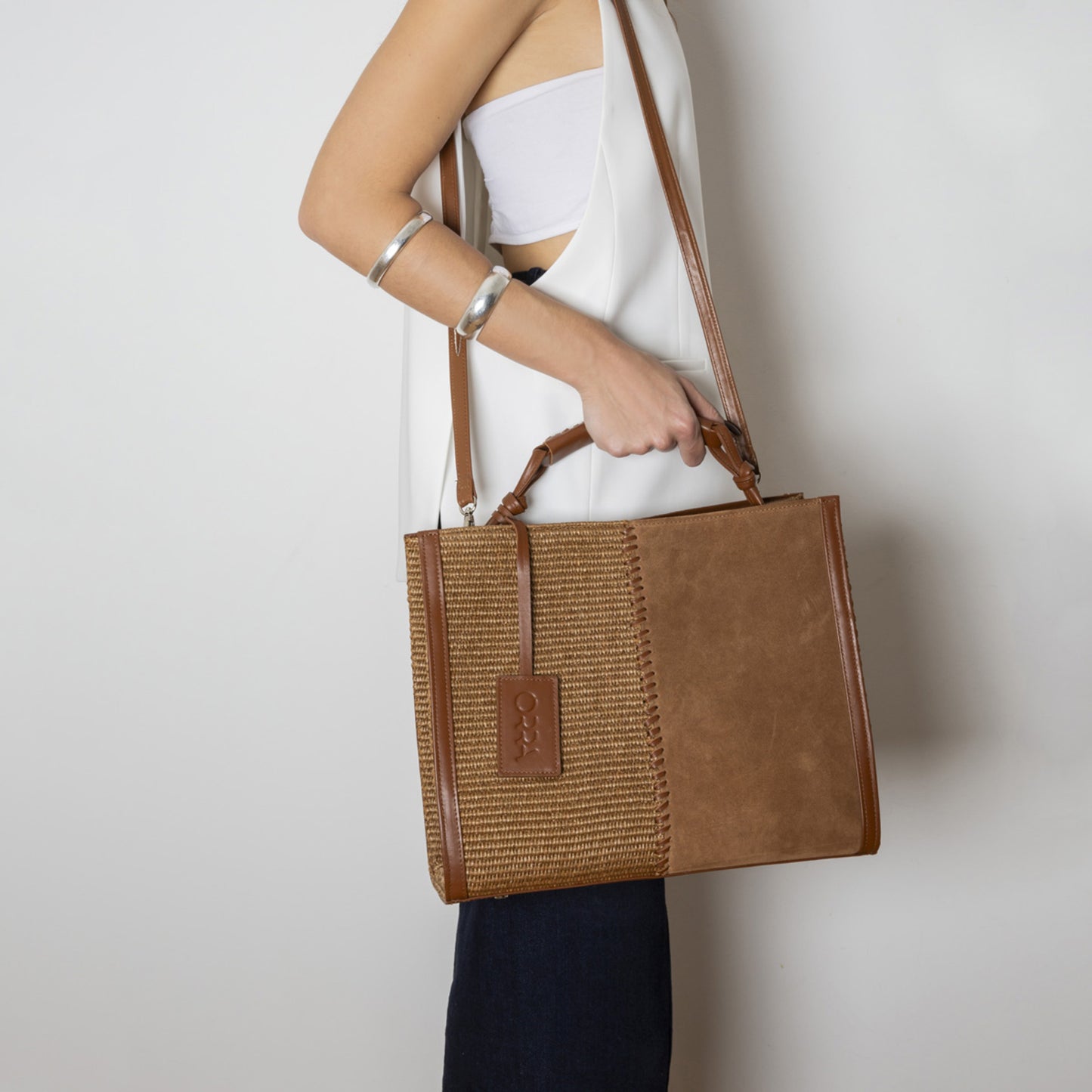 Philippa Suede-Raffia Brown Handbag