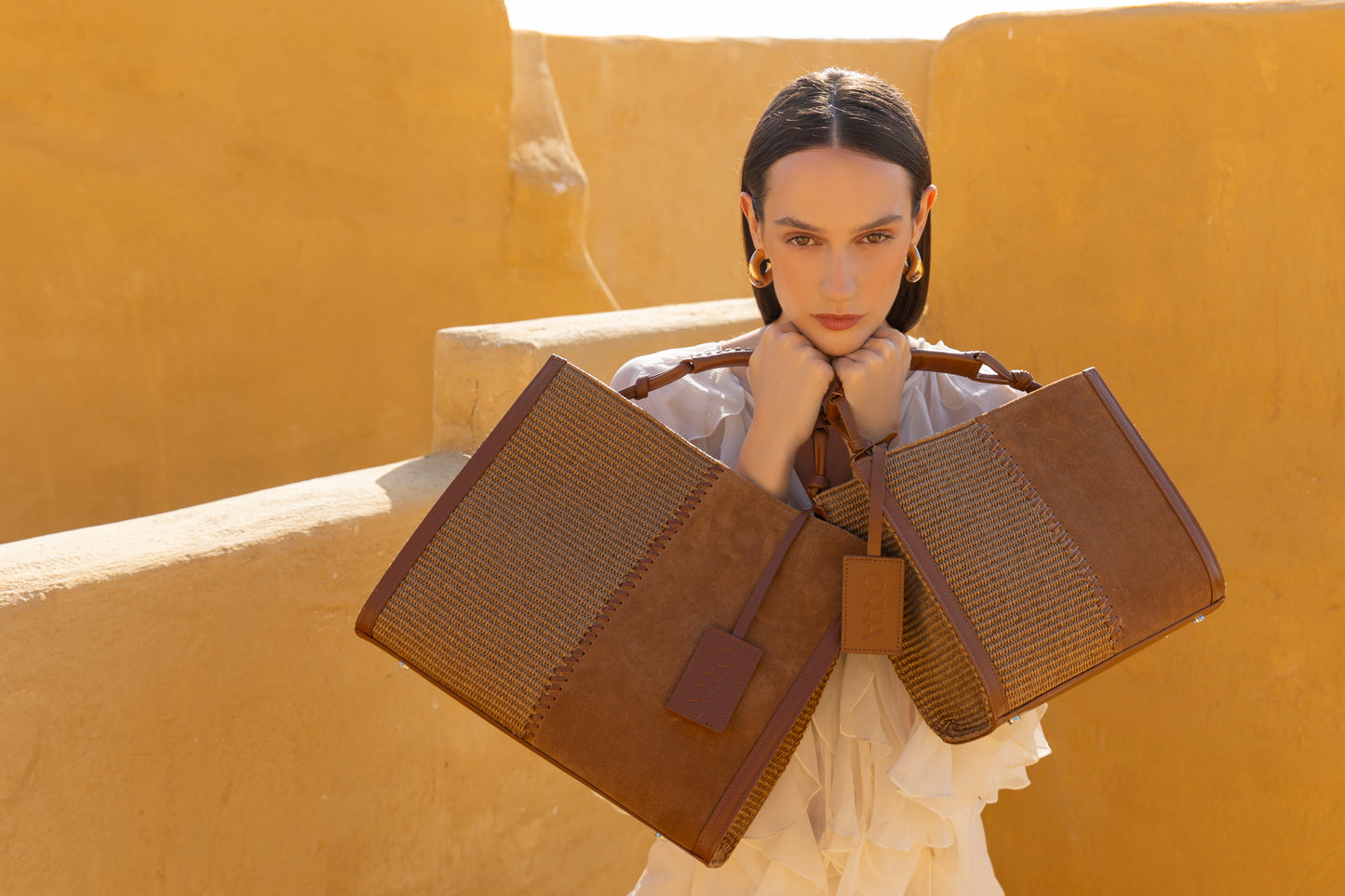 Philippa Suede-Raffia Brown Handbag