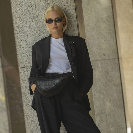 Pezos Croco Black Leather Handbag