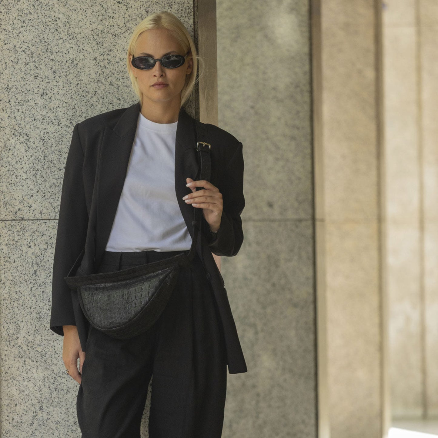 Pezos Croco Black Leather Handbag