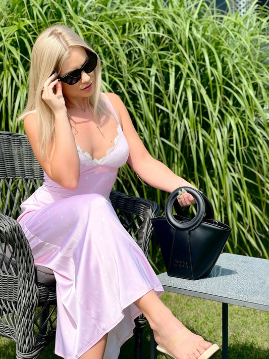 Light Pink Polka Dot Satin Dress with Lace