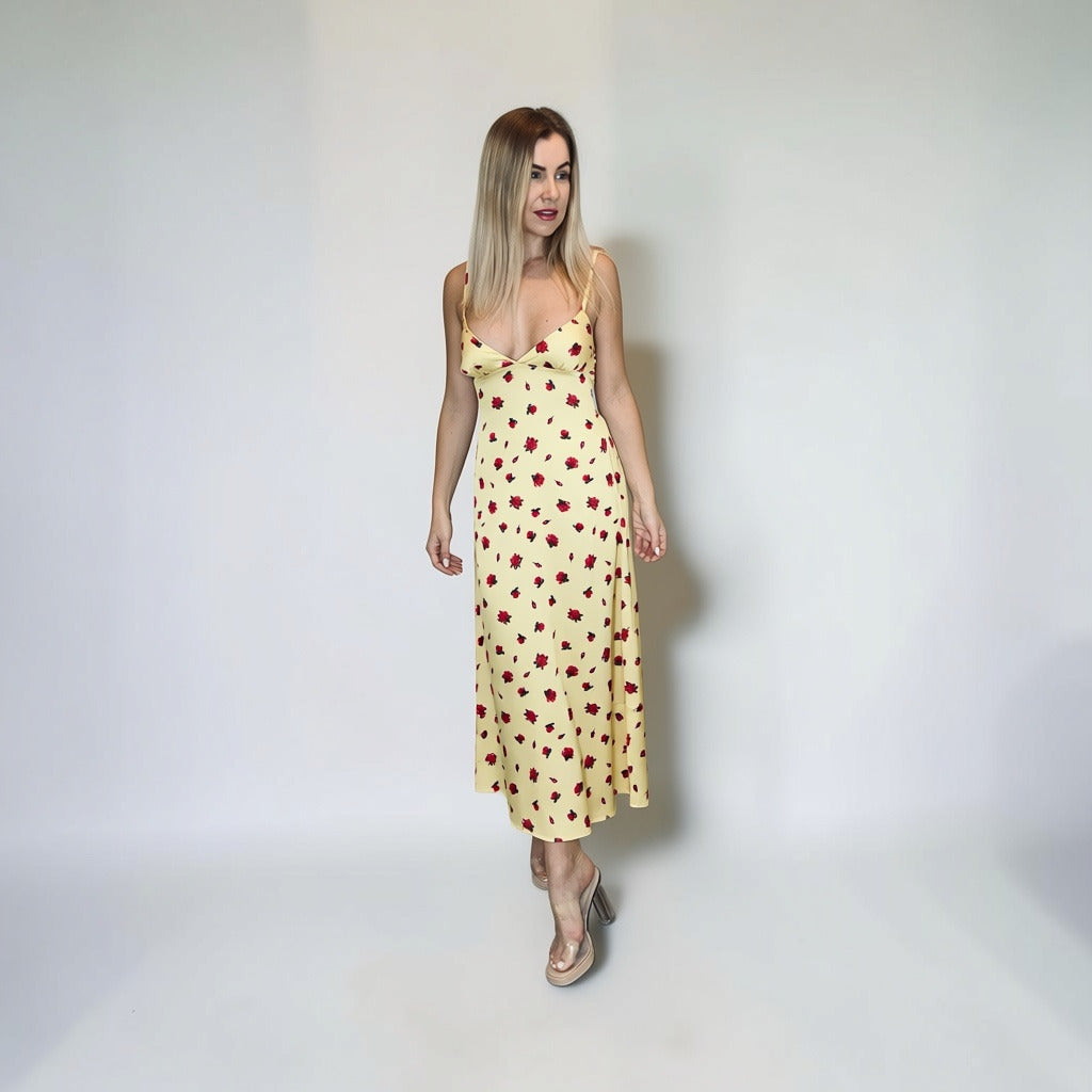 Yellow Long Satin Dress with Roses