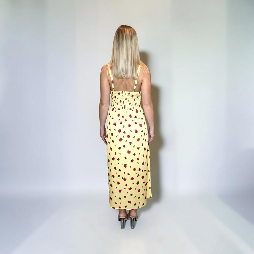 Yellow Long Satin Dress with Roses