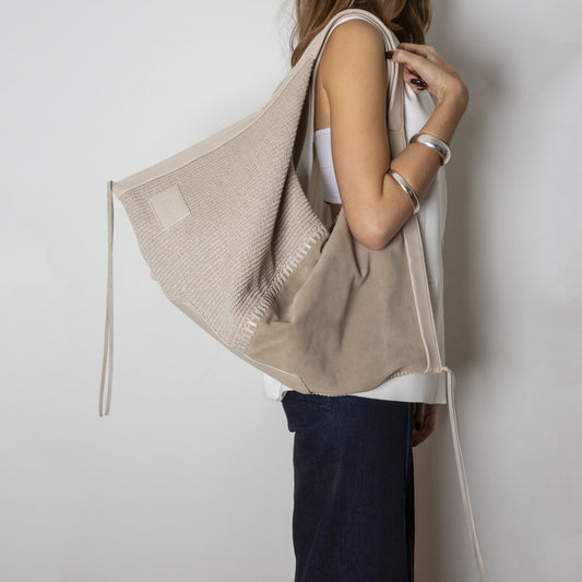Victoria Suede-Raffia Beige Handbag