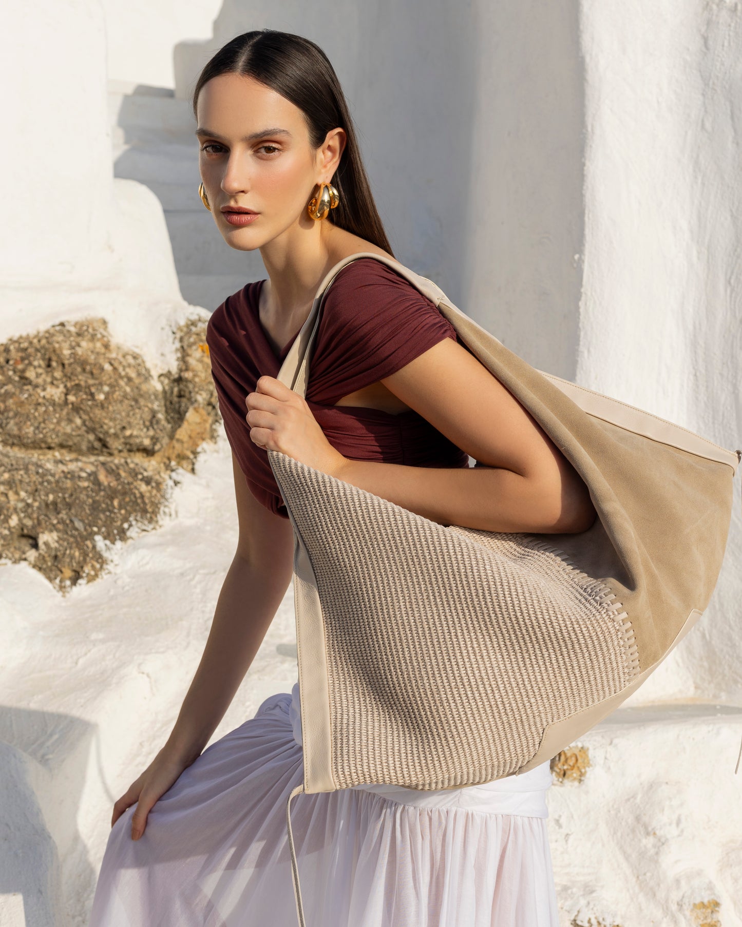 Victoria Suede-Raffia Beige Handbag