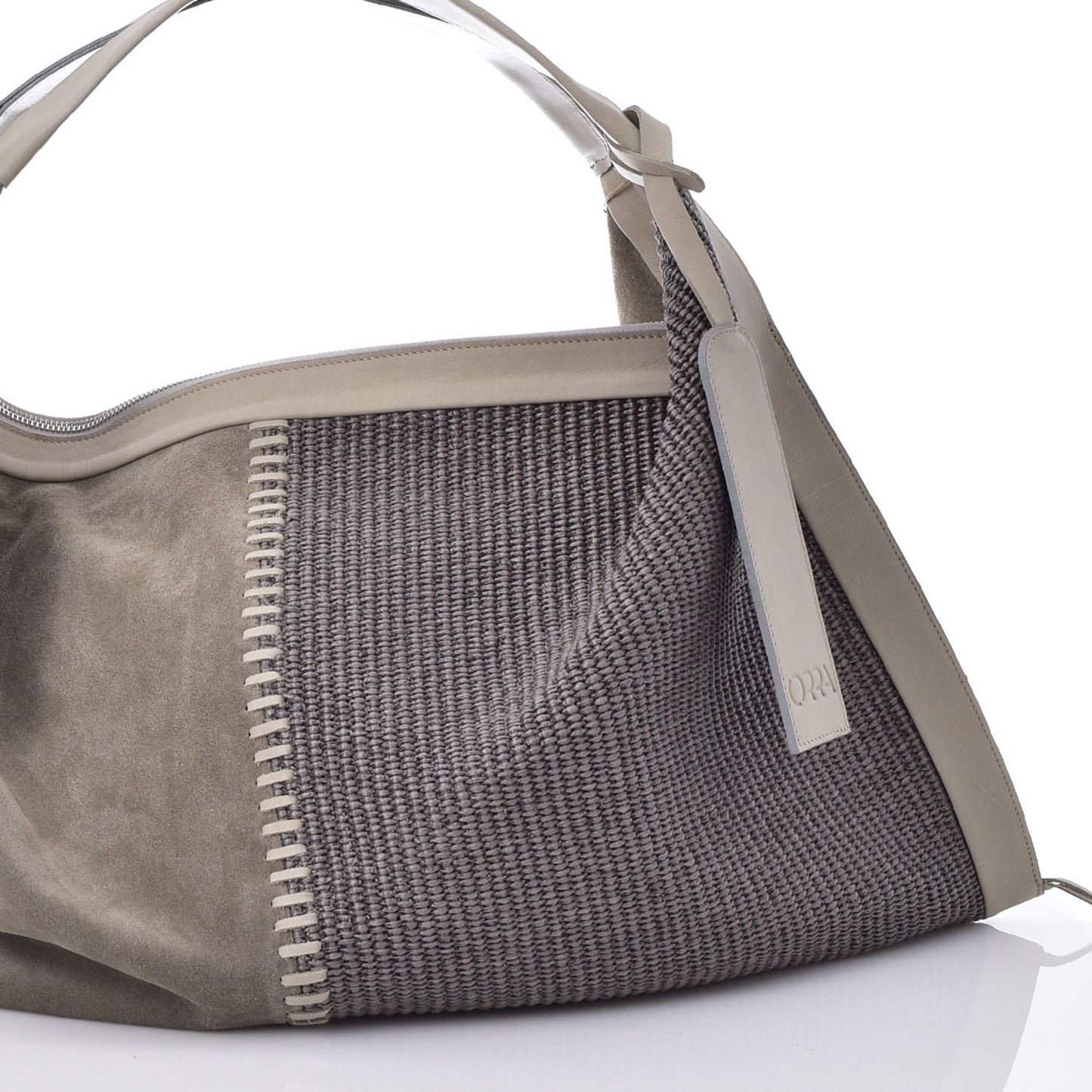 Victoria Suede-Raffia Grey Handbag