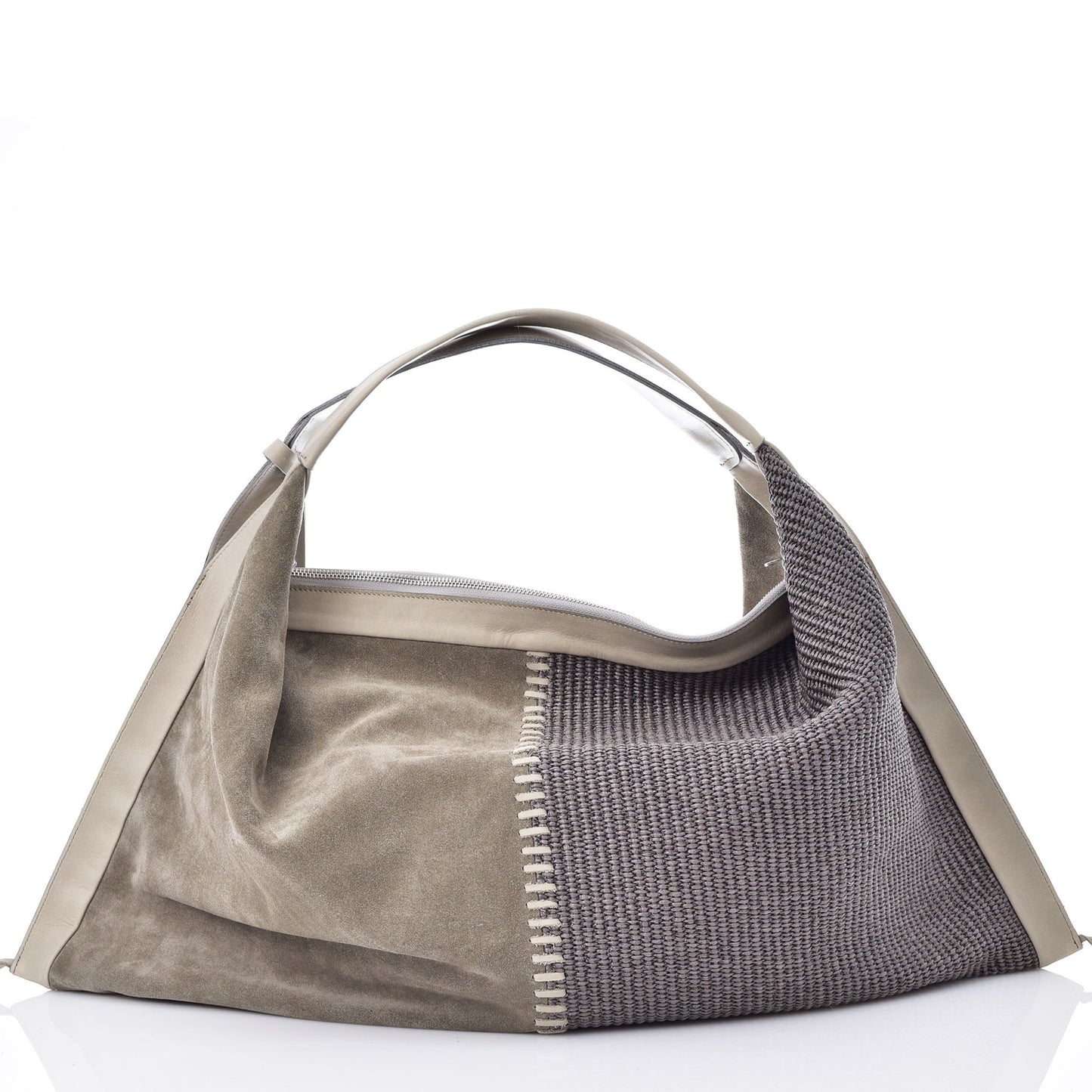 Victoria Suede-Raffia Grey Handbag