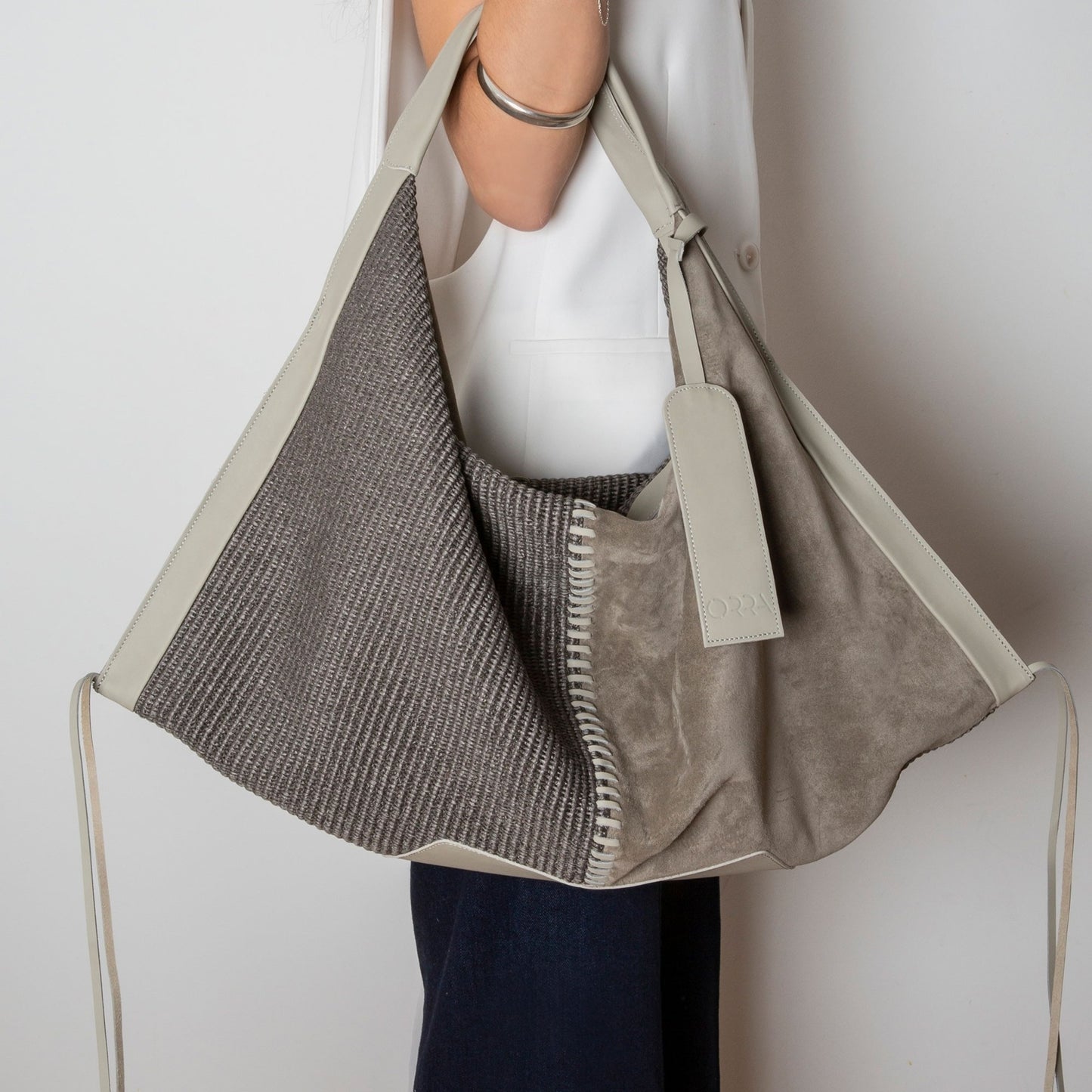Victoria Suede-Raffia Grey Handbag
