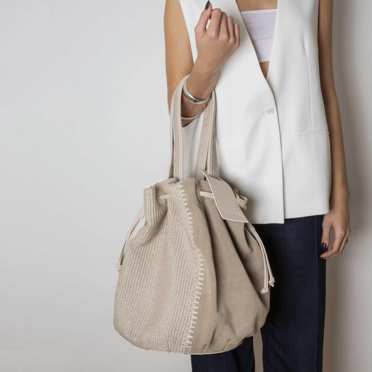 Vivienne Suede-Raffia Beige Handbag