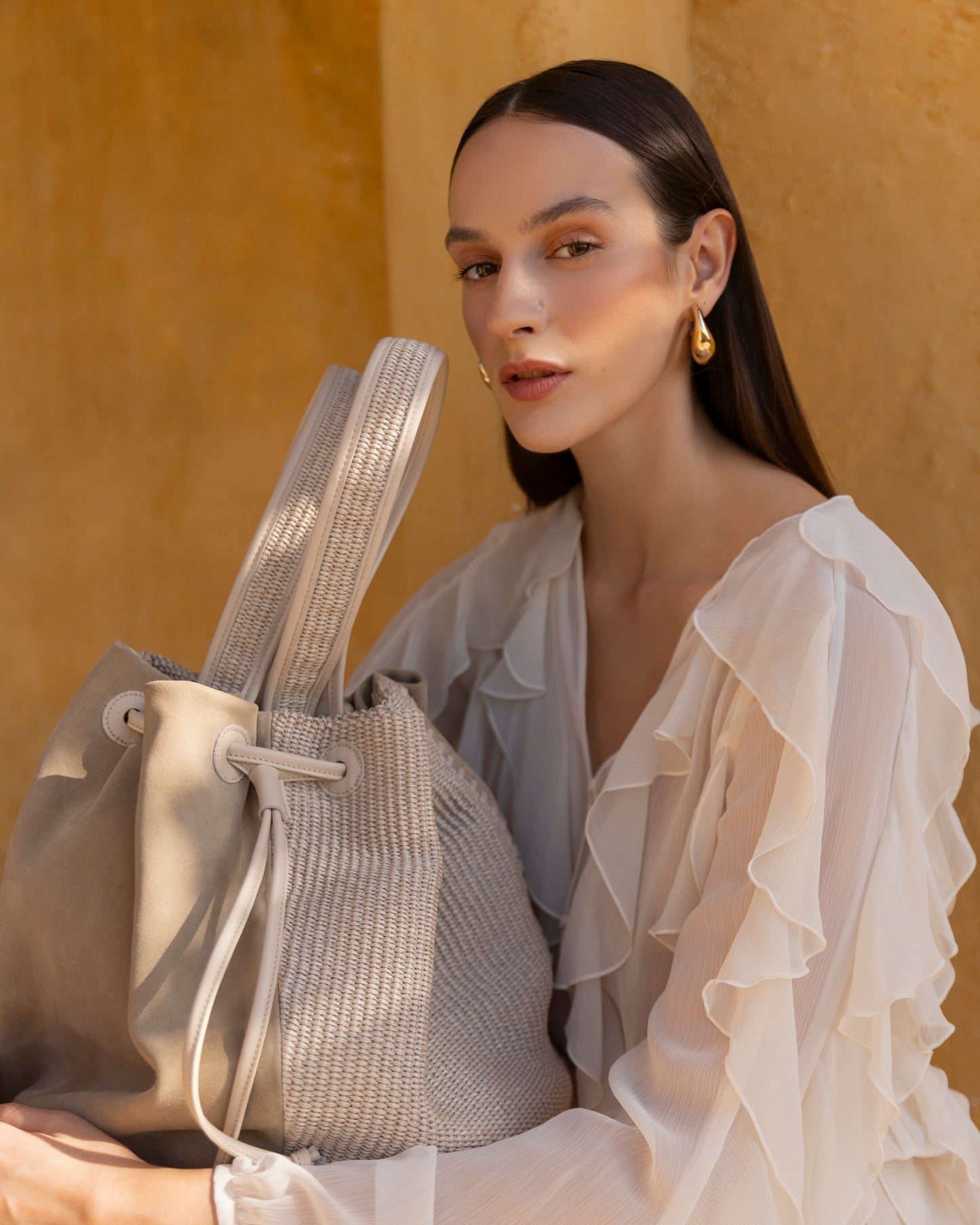 Vivienne Suede-Raffia Beige Handbag